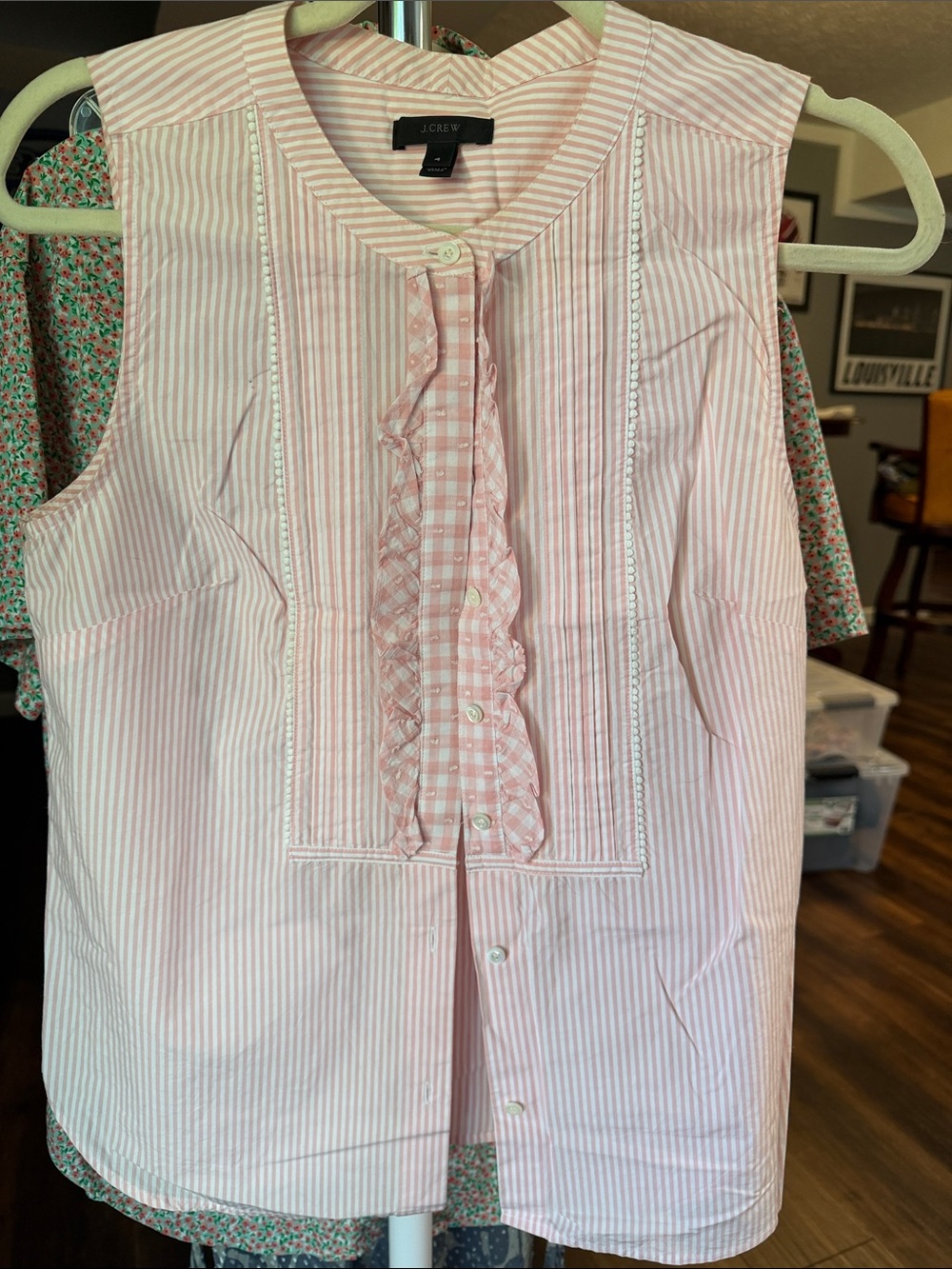 J. Crew Womens Pink and White Striped Ruffle-Front Sleeveless Dress